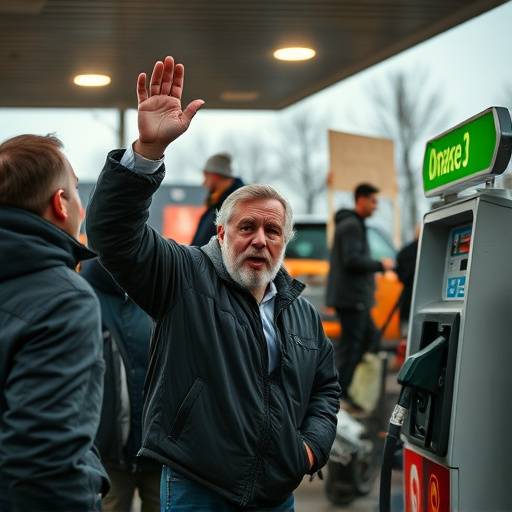 Persone che protestano davanti a una stazione di servizio a causa dell'aumento dei prezzi dei carburanti.