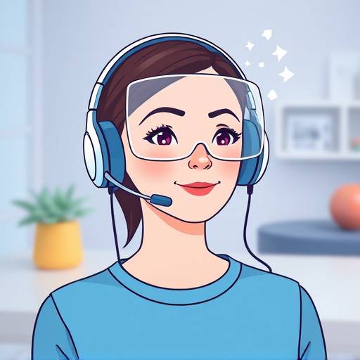 Un'immagine che rappresenta un assistente virtuale con una cuffia, interagendo con un utente in un ambiente domestico intelligente.