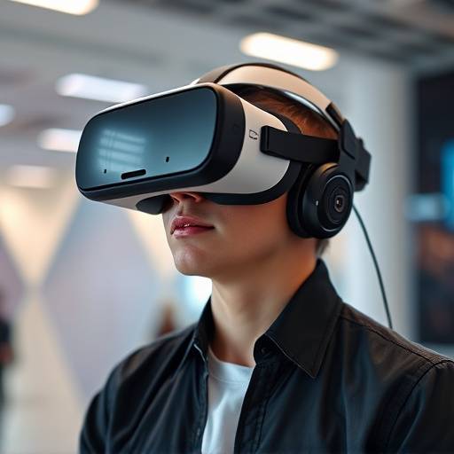 Un'immagine che rappresenta un visore per la realt&agrave; virtuale immerso in un ambiente virtuale interattivo.