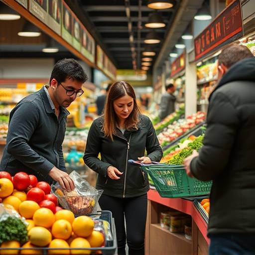 Una famiglia milanese che fa la spesa con aria preoccupata, sullo sfondo i prezzi aumentati dei prodotti.